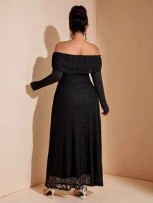 Cravure Plus Size Black Lace Off Shoulder Long Sleeve Twisted Maxi Dress, Party Date Vacation Formal Gown Fall - Black - View 6