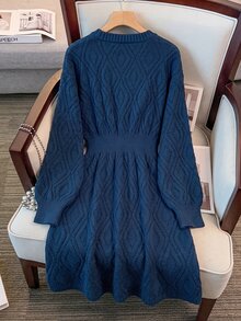 GlowEve CURVE Plus Size V-Neck Lantern Sleeve A-Line Thick Knit Dress With Button Rope Detail, Solid Color Winter Knit Dress - Navy Blue - View 2