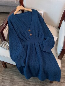 GlowEve CURVE Plus Size V-Neck Lantern Sleeve A-Line Thick Knit Dress With Button Rope Detail, Solid Color Winter Knit Dress - Navy Blue - View 3
