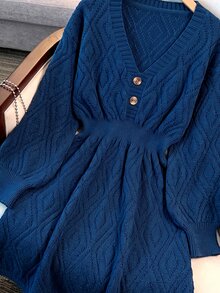 GlowEve CURVE Plus Size V-Neck Lantern Sleeve A-Line Thick Knit Dress With Button Rope Detail, Solid Color Winter Knit Dress - Navy Blue - View 1