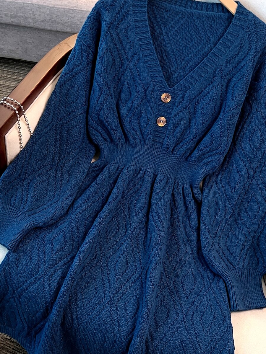 GlowEve CURVE Plus Size V-Neck Lantern Sleeve A-Line Thick Knit Dress With Button Rope Detail, Solid Color Winter Knit Dress - Navy Blue - View 1