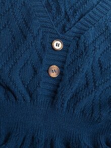 GlowEve CURVE Plus Size V-Neck Lantern Sleeve A-Line Thick Knit Dress With Button Rope Detail, Solid Color Winter Knit Dress - Navy Blue - View 5