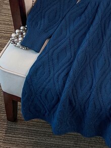 GlowEve CURVE Plus Size V-Neck Lantern Sleeve A-Line Thick Knit Dress With Button Rope Detail, Solid Color Winter Knit Dress - Navy Blue - View 8