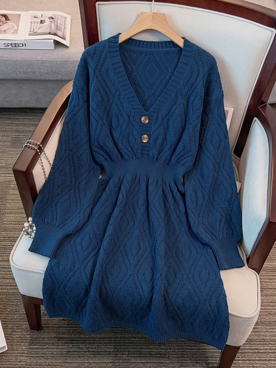 GlowEve CURVE Plus Size V-Neck Lantern Sleeve A-Line Thick Knit Dress With Button Rope Detail, Solid Color Winter Knit Dress - Navy Blue - View 1
