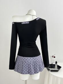 Elamini Women's Sweet Sexy Polka Dot Asymmetrical Shoulder Slimming 2 Pieces Set - Multicolor - View 2