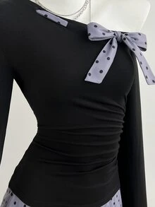 Elamini Women's Sweet Sexy Polka Dot Asymmetrical Shoulder Slimming 2 Pieces Set - Multicolor - View 7