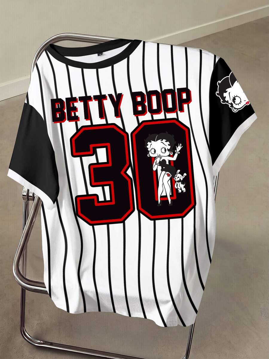 Betty Boop x SHEIN Plus Size Women's Letter & Number Print Casual Everyday Short Sleeve T-Shirt - White - View 1