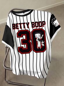 Betty Boop x SHEIN Plus Size Women's Letter & Number Print Casual Everyday Short Sleeve T-Shirt - White - View 9