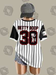 Betty Boop x SHEIN Plus Size Women's Letter & Number Print Casual Everyday Short Sleeve T-Shirt - White - View 3