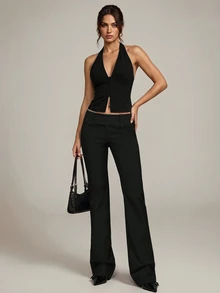 SHEIN Tall Fashionable Versatile Solid Color Low Waist Long Pants - Black - View 6