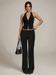 SHEIN Tall Fashionable Versatile Solid Color Low Waist Long Pants - Black - View 5