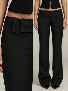 SHEIN Tall Fashionable Versatile Solid Color Low Waist Long Pants - Black - View 9