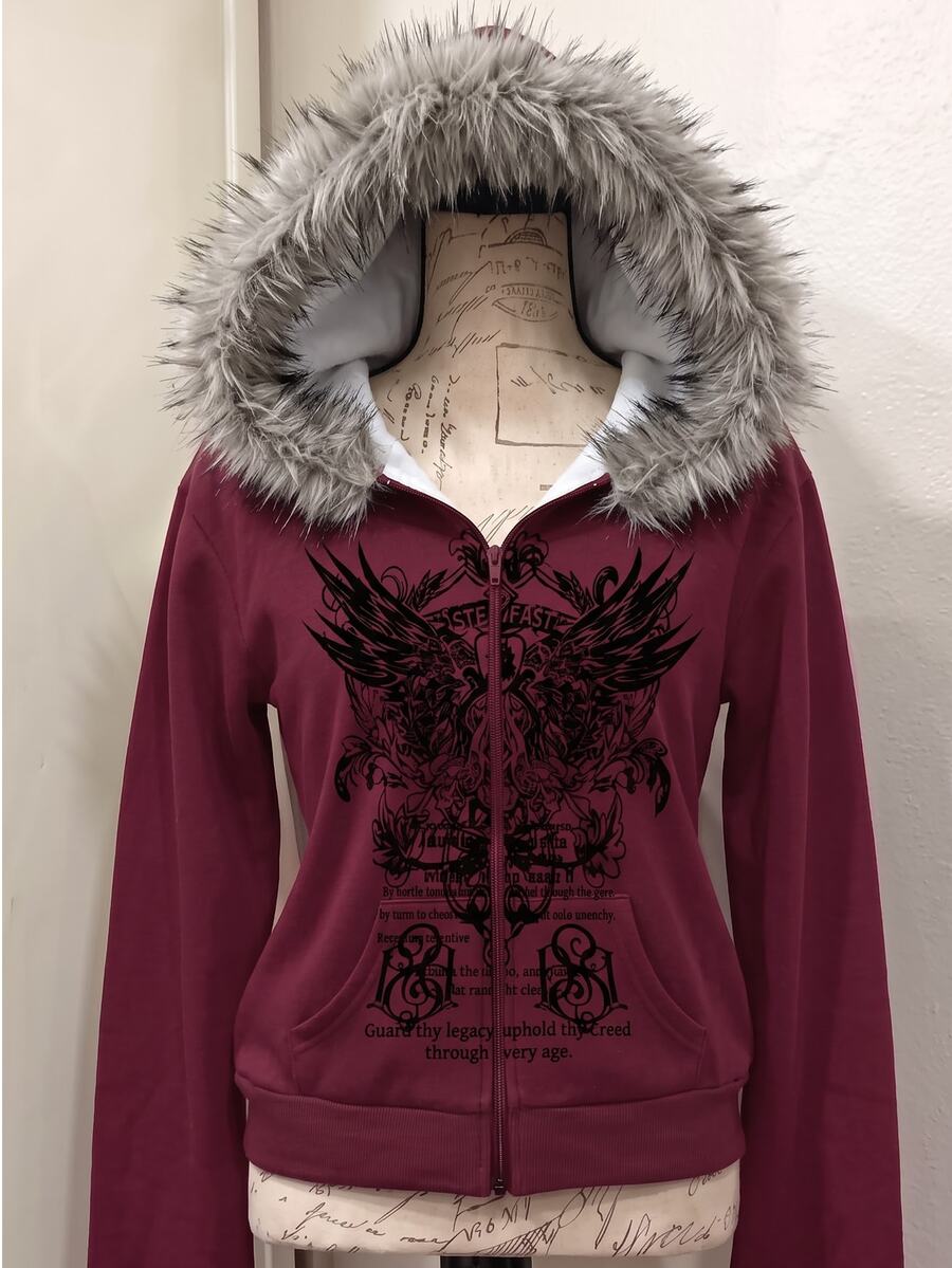 SHEIN Sparklyn 女童街頭風翅膀印花拉鍊連帽衛衣,秋季服飾,休閒毛邊連帽外套,假日穿搭 - 酒紅色 - 查看 1