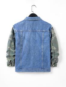 Boys' Denim Jacket, Street Style Casual College Look, Denim Washed Blue And Camouflage Patchwork Contrast Color, Suitable For All Skin Tones, Fashionable, Perfect For Street Parties And Gatherings, Easily Become The Center Of Attention - Multicolor - View 2