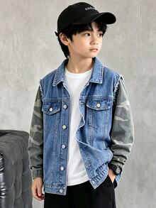 Boys' Denim Jacket, Street Style Casual College Look, Denim Washed Blue And Camouflage Patchwork Contrast Color, Suitable For All Skin Tones, Fashionable, Perfect For Street Parties And Gatherings, Easily Become The Center Of Attention - Multicolor - View 1