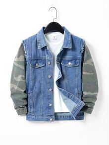 Boys' Denim Jacket, Street Style Casual College Look, Denim Washed Blue And Camouflage Patchwork Contrast Color, Suitable For All Skin Tones, Fashionable, Perfect For Street Parties And Gatherings, Easily Become The Center Of Attention - Multicolor - View 3