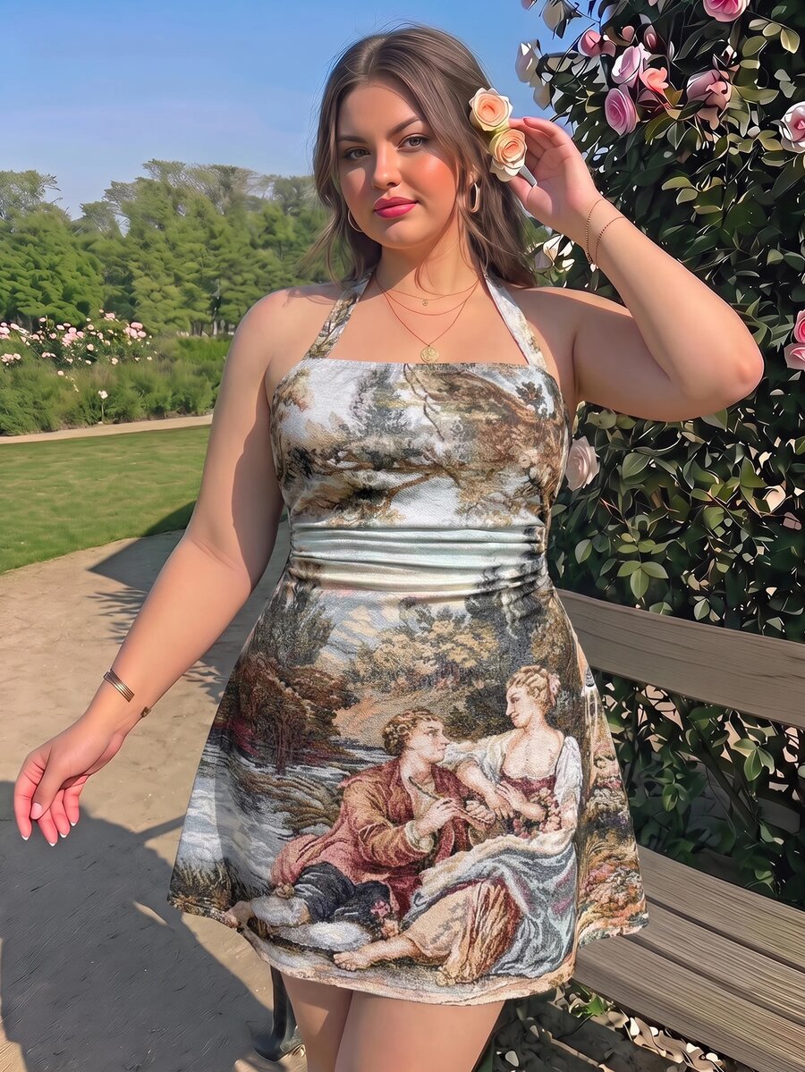 SHEIN MOD 大尺碼女款 1950 年代復古浪漫束腰油畫印花掛脖迷你洋裝,彈性修身收腰米色,適合夏季約會之夜與婚禮賓客穿著 - 彩色 - 查看 1