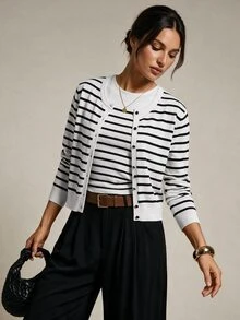 SHEIN Tall Women's Casual, Fashionable, And Commuter-Friendly Striped Sweater Set (Tank Top And Cardigan) - Black and White - View 9