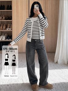 SHEIN Tall Women's Casual, Fashionable, And Commuter-Friendly Striped Sweater Set (Tank Top And Cardigan) - Black and White - View 4