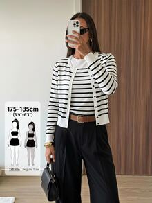 SHEIN Tall Women's Casual, Fashionable, And Commuter-Friendly Striped Sweater Set (Tank Top And Cardigan) - Black and White - View 3