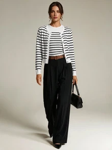 SHEIN Tall Women's Casual, Fashionable, And Commuter-Friendly Striped Sweater Set (Tank Top And Cardigan) - Black and White - View 6