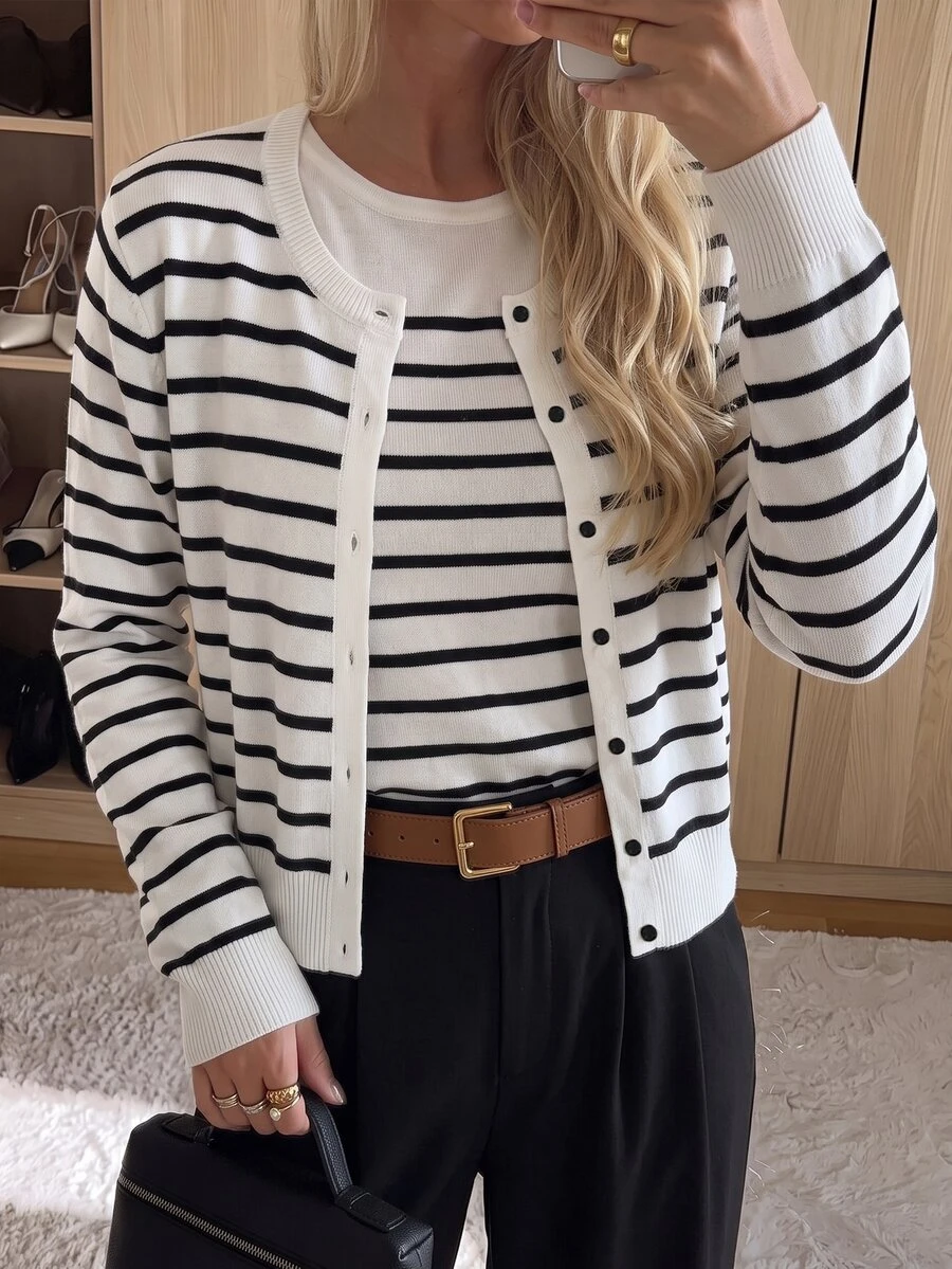 SHEIN Tall Women's Casual, Fashionable, And Commuter-Friendly Striped Sweater Set (Tank Top And Cardigan) - Black and White - View 1