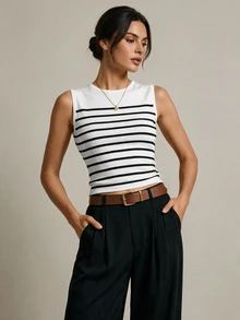 SHEIN Tall Women's Casual, Fashionable, And Commuter-Friendly Striped Sweater Set (Tank Top And Cardigan) - Black and White - View 5