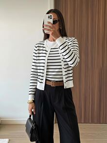 SHEIN Tall Women's Casual, Fashionable, And Commuter-Friendly Striped Sweater Set (Tank Top And Cardigan) - Black and White - View 8