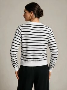 SHEIN Tall Women's Casual, Fashionable, And Commuter-Friendly Striped Sweater Set (Tank Top And Cardigan) - Black and White - View 11