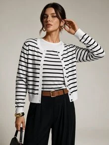 SHEIN Tall Women's Casual, Fashionable, And Commuter-Friendly Striped Sweater Set (Tank Top And Cardigan) - Black and White - View 7