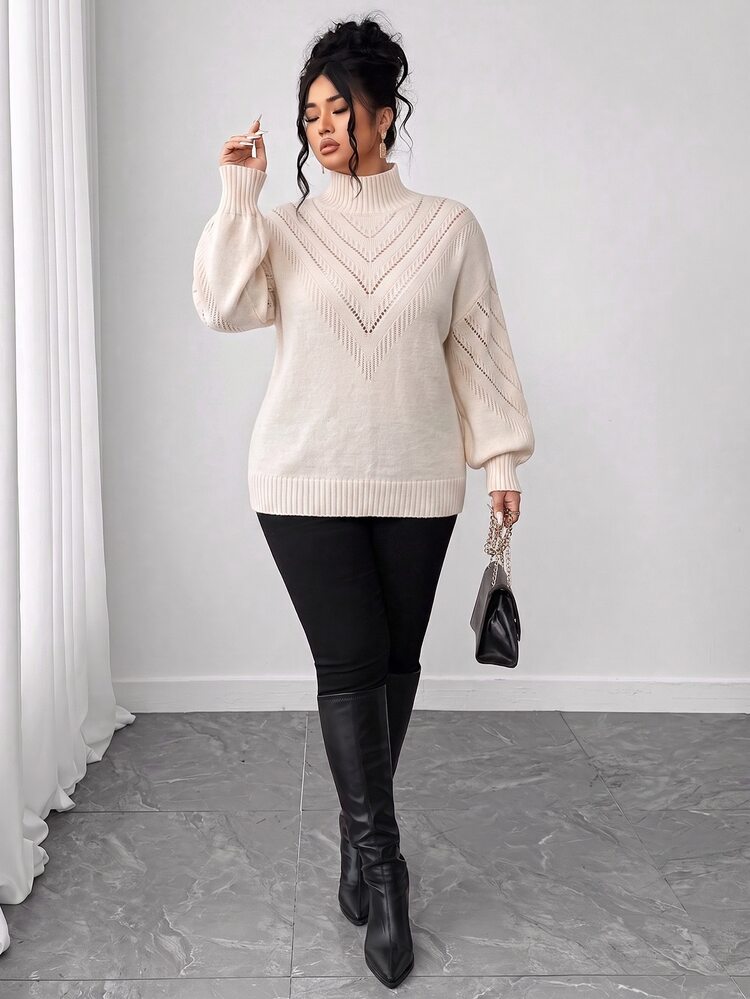 Elenzga Plus Size Women Winter Knit Hollow V-Neck Pattern Top, Casual Versatile Solid Color High Neck Pullover Sweater - Beige - View 5