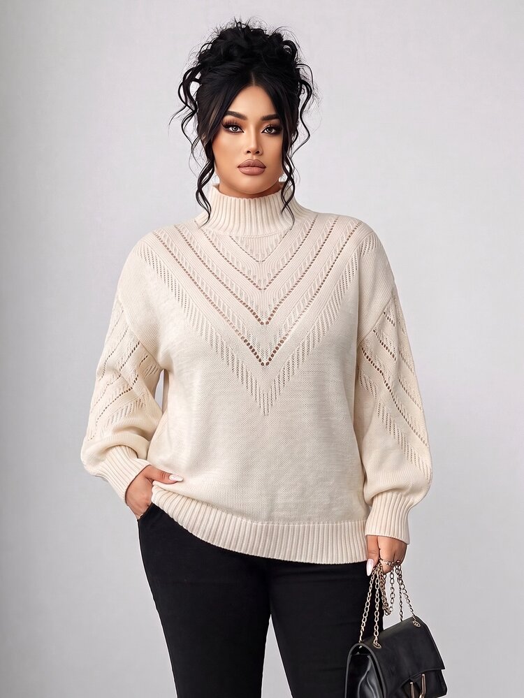 Elenzga Plus Size Women Winter Knit Hollow V-Neck Pattern Top, Casual Versatile Solid Color High Neck Pullover Sweater - Beige - View 1