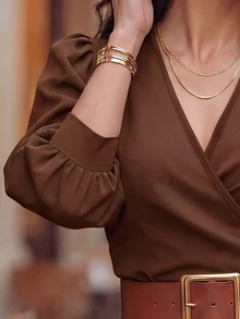 EMERY ROSE V-Neck Cross Petal Sleeve Waist-Cinching Cropped Blouse For Women - Coffee Brown - View 4