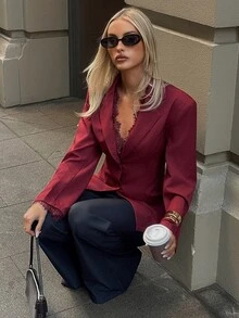 Aloruh 女款秋季酒紅色西裝外套，蕾絲拼接設計，優雅通勤復古街頭風女裝，適合街頭穿搭、教師、晚餐、辦公室 - 酒紅色 - 查看 4