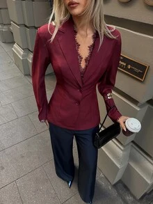 Aloruh 女款秋季酒紅色西裝外套，蕾絲拼接設計，優雅通勤復古街頭風女裝，適合街頭穿搭、教師、晚餐、辦公室 - 酒紅色 - 查看 9