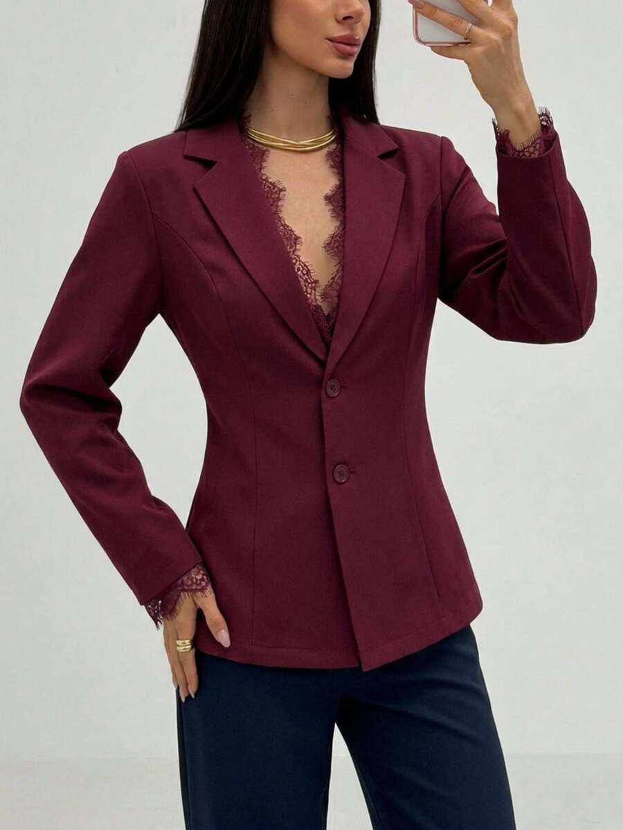 Aloruh 女款秋季酒紅色西裝外套，蕾絲拼接設計，優雅商務休閒通勤復古街頭風穿搭，適合教師、晚餐、辦公室、早午餐場合