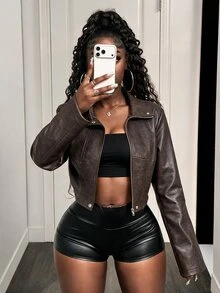 BamGleam Women's European American Street Style Sexy Cool Fashion Unique Niche Asymmetrical Vintage Jacket Night Out Dark Brown Fall - Coffee Brown - View 4