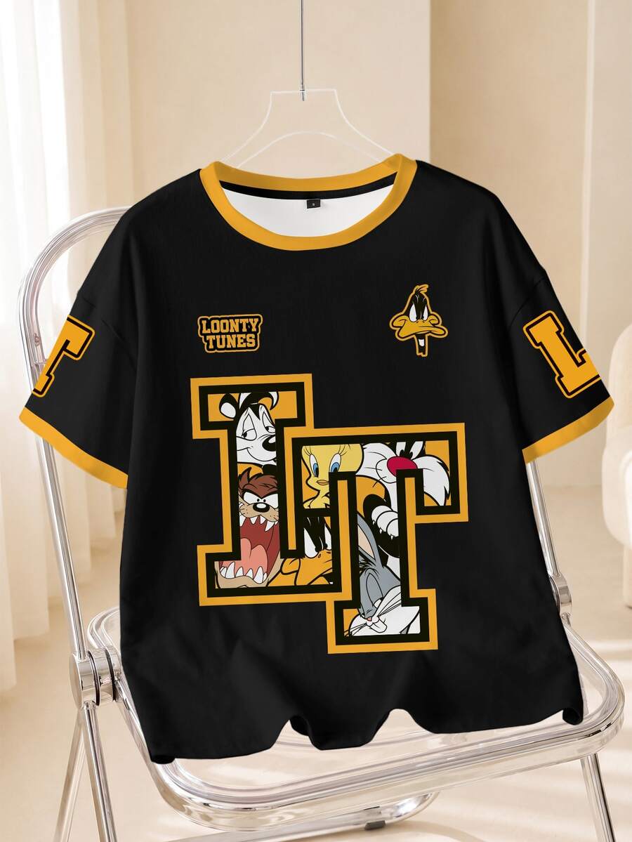 LOONEY TUNES X SHEIN 女款字母印花圓領短袖休閒百搭T恤 - 白色 - 查看 1