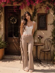 SHEIN MOD Ladies Patchwork Ruffle Hem Elegant Lace Flared Pants,Suitable For Vacation, Music Festival, Boho, Holiday Dates, Afternoon Tea, Summer,Music Festival - Khaki - View 4
