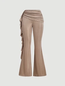 SHEIN MOD Ladies Patchwork Ruffle Hem Elegant Lace Flared Pants,Suitable For Vacation, Music Festival, Boho, Holiday Dates, Afternoon Tea, Summer,Music Festival - Khaki - View 2