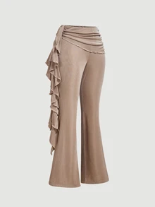 SHEIN MOD Ladies Patchwork Ruffle Hem Elegant Lace Flared Pants,Suitable For Vacation, Music Festival, Boho, Holiday Dates, Afternoon Tea, Summer,Music Festival - Khaki - View 8
