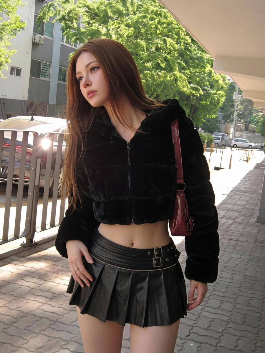 Sweetina 女式纯色长袖拉链连帽人造毛皮饰边短款夹克,冬季 - 黑色 - 查看 1