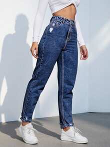 SHEIN Tall Women's Casual Washed Distressed Denim Jeans - Blue - View 3