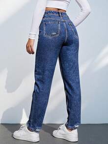 SHEIN Tall Women's Casual Washed Distressed Denim Jeans - Blue - View 6
