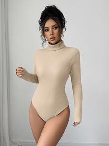 Elenzga 女士高领拼接长袖连体衣，修身款，撞色设计，秋冬季 - 杏色 - 查看 7