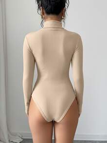 Elenzga 女士高领拼接长袖连体衣，修身款，撞色设计，秋冬季 - 杏色 - 查看 3