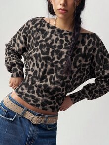 Bohemela 女款豹紋不對稱領長袖時尚休閒T恤 - 黑色 - 查看 5