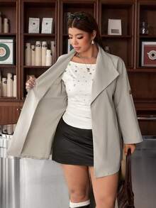Muchica Plus Size Women Solid Color Long Sleeve Casual Smart Loose Fit Trench Coat Jacket Office Formal Silver Autumn - Khaki - View 9