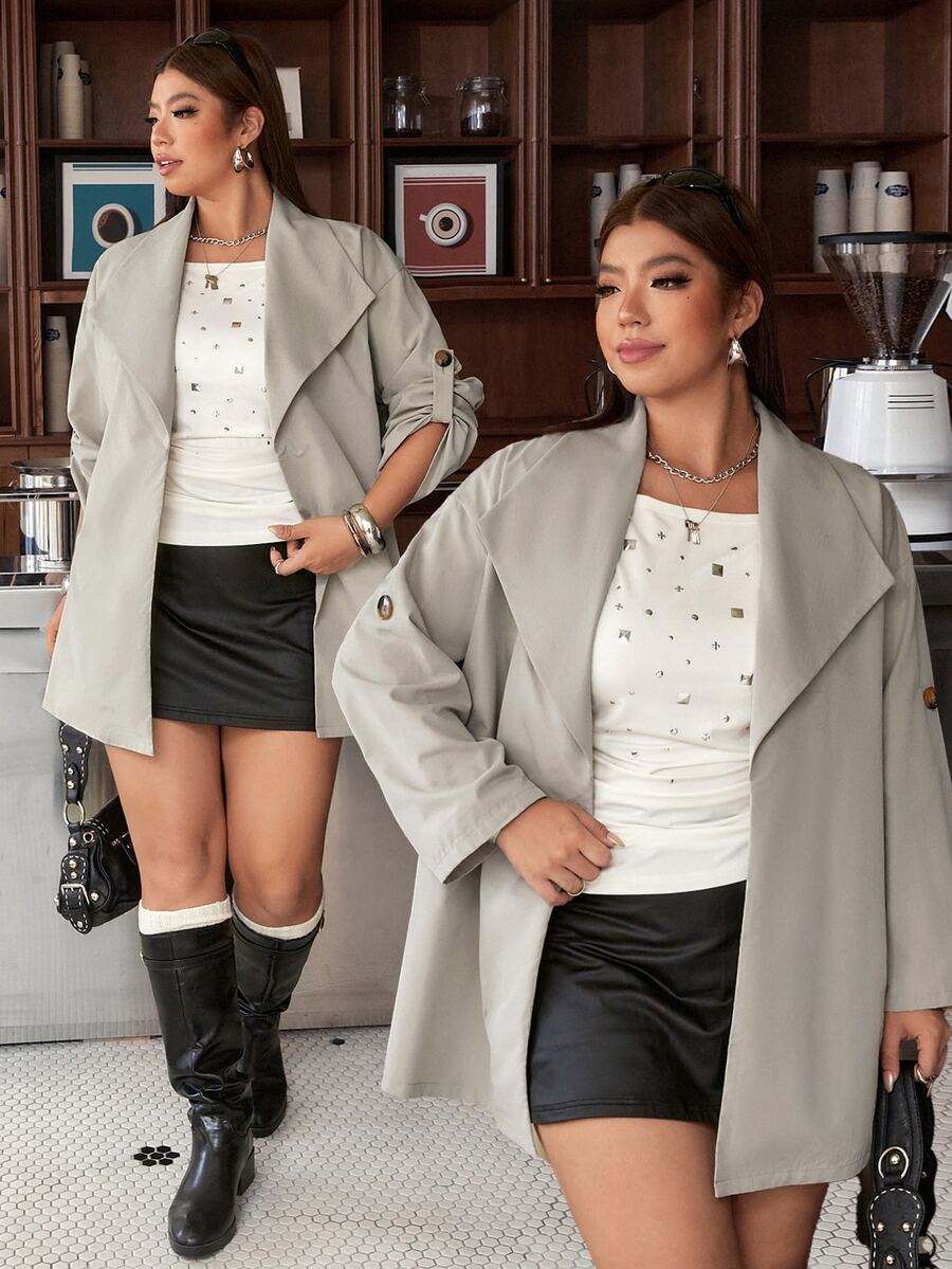 Muchica Plus Size Women Solid Color Long Sleeve Casual Smart Loose Fit Trench Coat Jacket Office Formal Silver Autumn - Khaki - View 1