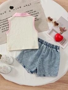 SHEIN 女童可愛無袖 Polo 領背心與裙子套裝，多色花朵飾邊，聚酯纖維材質 - 彩色 - 查看 2